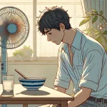 自律神経失調症、暑さに弱い。部屋の中で食事を前にしながら元気なく座っている男性。